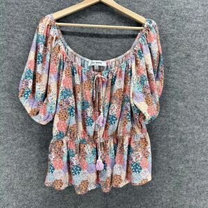 Lily White Blouse Women 1X Plus Blue Floral Tasseled Short Sleeve Elastic Waist